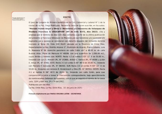 EDICTO JUDICIAL: "MONZON RUBEN ANGEL Y OTROS C/ HEREDEROS Y/O SUCESORES DE VELAZQUEZ DE MAIDANA FRANCISCA S/ USUCAPION" (19/6/2025)